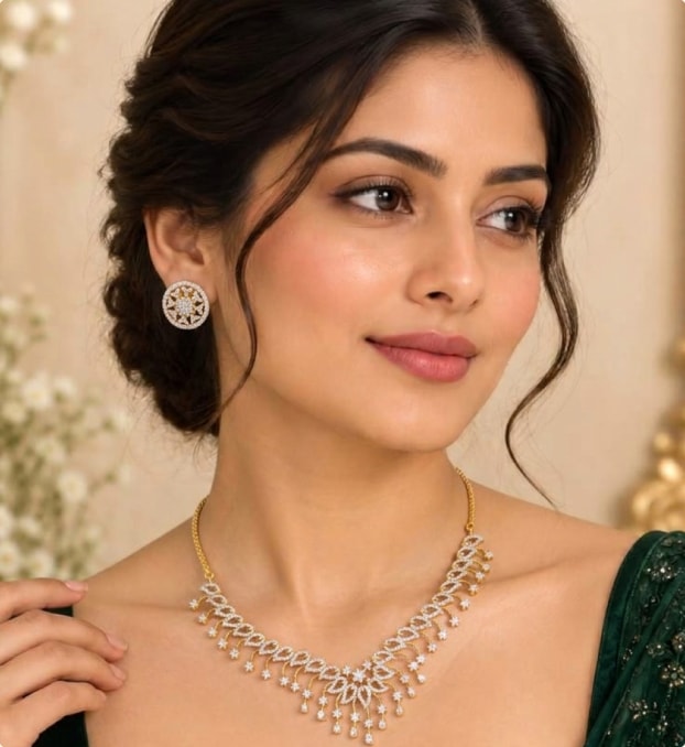Woman wearing a diamond necklace and stud earrings
