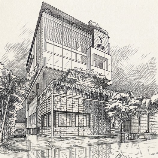 Pen illustration of the Bhima & Brother flagship jewellery store